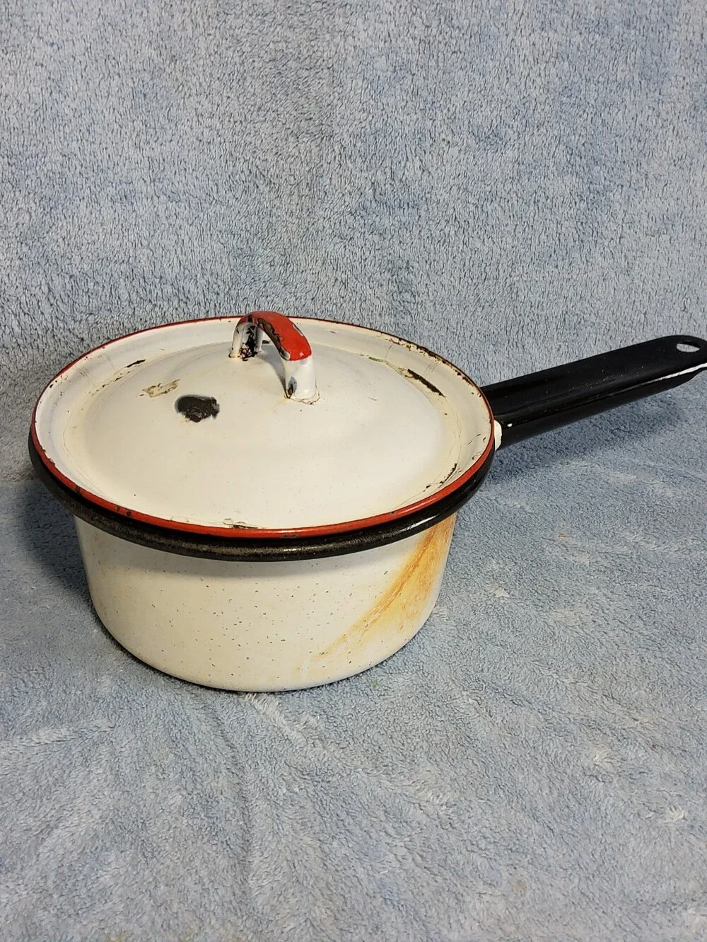 Vintage Enamelware Saucepan Pot With Lid White Black Red Trim Farmhouse Decor
